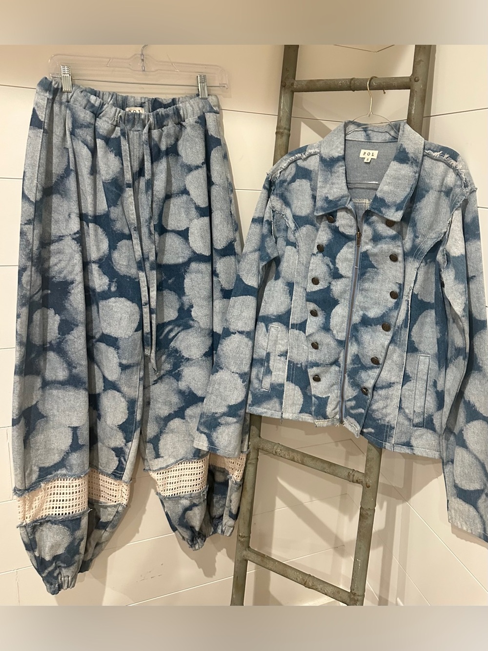 NEW POL SET: “The Brooklyn”Tie-Dye Denim Jacket & Wide Leg Pants Set